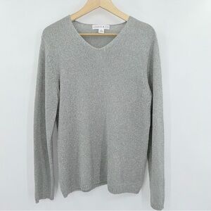 Chaus & Co. Women's Grey Silver Sparkly Shimmery V Neck Pullover Sweater Medium